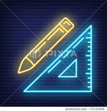 Concept neon pencil, wooden ruler triangle icon, writing pen and measuring utensils stuff for drawing flat line vector illustration, isolated on dark brickwork. Concept neon pencil, wooden ruler triangle icon, writing pen and measuring utensils stuff for drawing flat line vector illustration, isolated on dark brickwork. 75191906