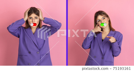 Mood switch on female face. Happy and angry, splitting personality. Modern interface and human emotions 75193161