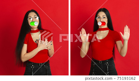 Mood switch on female face. Happy and angry, splitting personality. Modern interface and human emotions Mood switch on female face. Happy and angry, splitting personality. Modern interface and human emotions 75193162