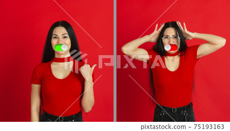Mood switch on female face. Happy and angry, splitting personality. Modern interface and human emotions Mood switch on female face. Happy and angry, splitting personality. Modern interface and human emotions 75193163