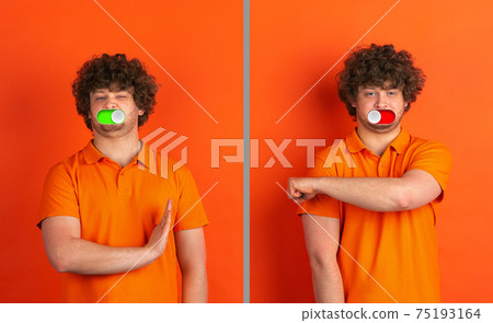 Mood switch on male face. Happy and angry, splitting personality. Modern interface and human emotions Mood switch on male face. Happy and angry, splitting personality. Modern interface and human emotions 75193164