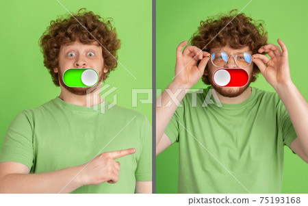 Mood switch on male face. Happy and angry, splitting personality. Modern interface and human emotions Mood switch on male face. Happy and angry, splitting personality. Modern interface and human emotions 75193168