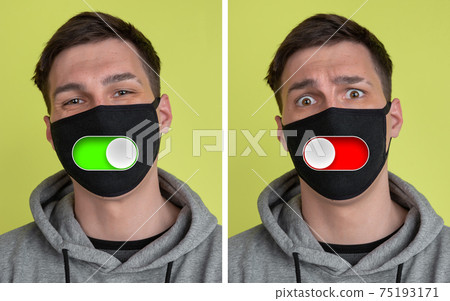 Mood switch on male face. Happy and angry, splitting personality. Modern interface and human emotions Mood switch on male face. Happy and angry, splitting personality. Modern interface and human emotions 75193171