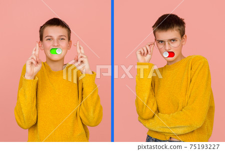 Mood switch on female face. Happy and angry, splitting personality. Modern interface and human emotions Mood switch on female face. Happy and angry, splitting personality. Modern interface and human emotions 75193227