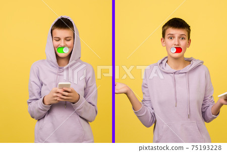 Mood switch on female face. Happy and angry, splitting personality. Modern interface and human emotions Mood switch on female face. Happy and angry, splitting personality. Modern interface and human emotions 75193228