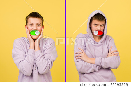 Mood switch on female face. Happy and angry, splitting personality. Modern interface and human emotions Mood switch on female face. Happy and angry, splitting personality. Modern interface and human emotions 75193229