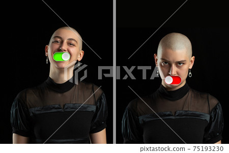 Mood switch on female face. Happy and angry, splitting personality. Modern interface and human emotions Mood switch on female face. Happy and angry, splitting personality. Modern interface and human emotions 75193230