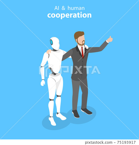Flat isometric vector concept of robot and human cooperation. Flat isometric vector concept of robot and human cooperation. 75193917