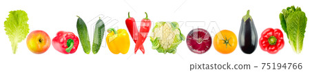 Panoramic skinali of fruits and vegetables in row Isolated on white Panoramic skinali of fruits and vegetables in row Isolated on white 75194766