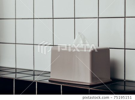 Tissue box and bathroom on ceramic tiles - the concept of cleanliness, cold and flu season Tissue box and bathroom on ceramic tiles - the concept of cleanliness, cold and flu season 75195151