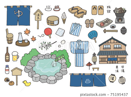 Hand-drawn illustration set (color) related to hot springs 75195437