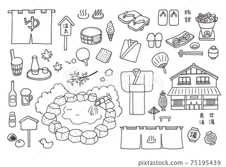 Hand-drawn illustration set related to hot springs (monochrome) 75195439