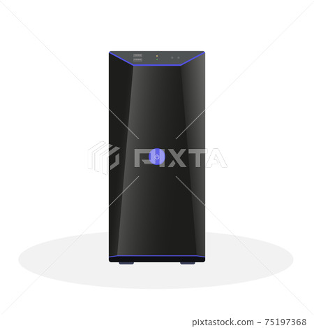 Modern computer system unit in black with a large power button, operation indicators and USB ports on the front panel. Flat vector illustration 75197368
