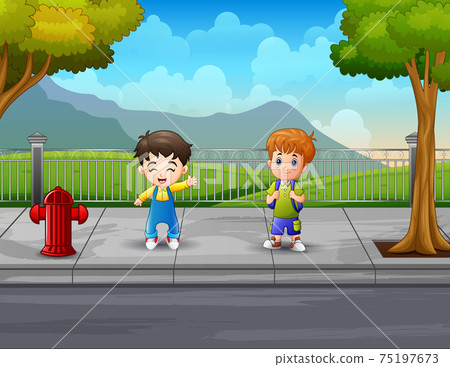 Illustration two boys at the sidewalk 75197673