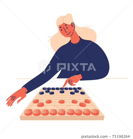 Young woman with long hair playing xiangqi or Chinese chess. Cartoon character isolated on white making the first move isolated on white Young woman with long hair playing xiangqi or Chinese chess. Cartoon character isolated on white making the first move isolated on white 75198264