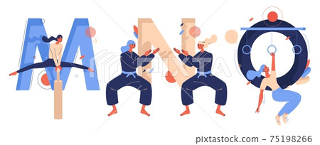 Letters M for mallakhamb yoga, N for ninjutsu martial arts fighters, O for obstacle course racing women training. Educational collection with active female characters drawn with blue and beige Letters M for mallakhamb yoga, N for ninjutsu martial arts fighters, O for obstacle course racing women training. Educational collection with active female characters drawn with blue and beige 75198266