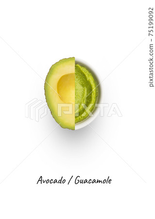 White bowl of fresh guacamole and avocado. Food concept, isolated on white background White bowl of fresh guacamole and avocado. Food concept, isolated on white background 75199092