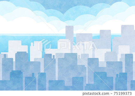 Building silhouette background rectangular sea and clouds watercolor style 75199373