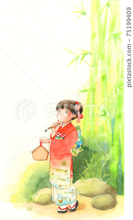 拿著和服平板電腦的和服女孩的水彩插圖 75199409