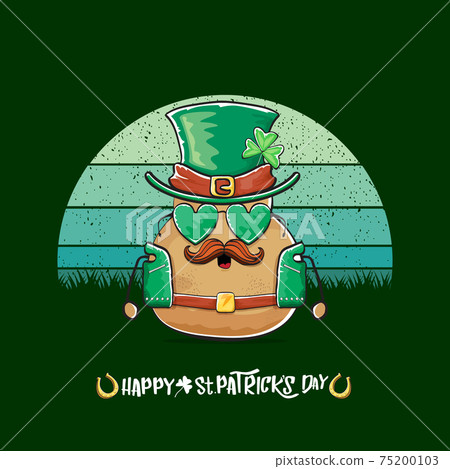 Happy saint patricks day greeting card with funky leprechaun potato character with green particks hat isolated on green background with vintage sun. Rock n roll saint Patrick vegetable character Happy saint patricks day greeting card with funky leprechaun potato character with green particks hat isolated on green background with vintage sun. Rock n roll saint Patrick vegetable character 75200103