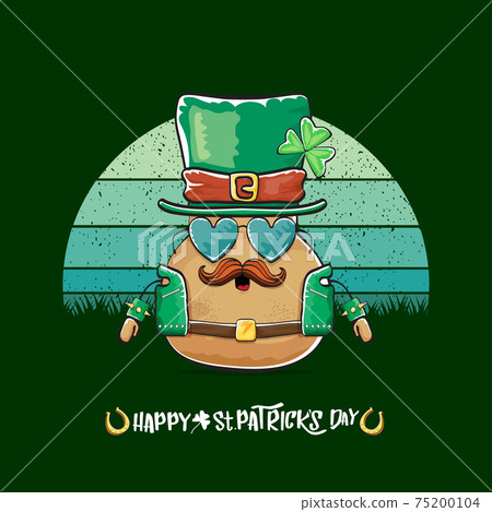 Happy saint patricks day greeting card with funky leprechaun potato character with green particks hat isolated on green background with vintage sun. Rock n roll saint Patrick vegetable character Happy saint patricks day greeting card with funky leprechaun potato character with green particks hat isolated on green background with vintage sun. Rock n roll saint Patrick vegetable character 75200104