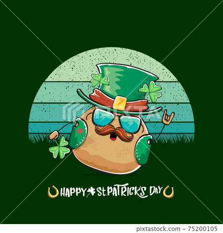 Happy saint patricks day greeting card with funky leprechaun potato character with green particks hat isolated on green background with vintage sun. Rock n roll saint Patrick vegetable character Happy saint patricks day greeting card with funky leprechaun potato character with green particks hat isolated on green background with vintage sun. Rock n roll saint Patrick vegetable character 75200105