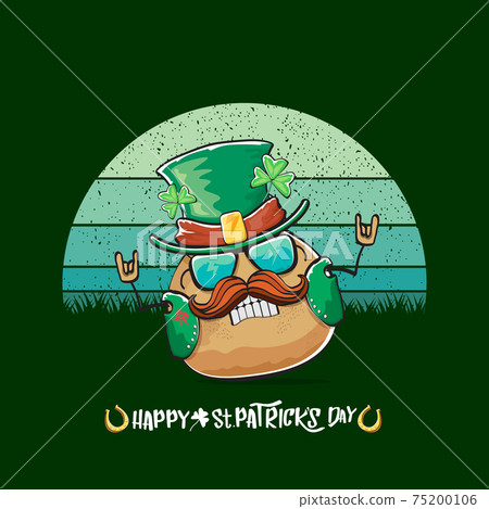 Happy saint patricks day greeting card with funky leprechaun potato character with green particks hat isolated on green background with vintage sun. Rock n roll saint Patrick vegetable character Happy saint patricks day greeting card with funky leprechaun potato character with green particks hat isolated on green background with vintage sun. Rock n roll saint Patrick vegetable character 75200106