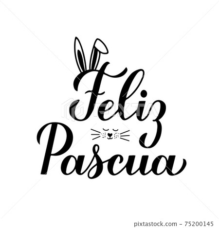 Happy Easter calligraphy hand lettering in Spanish language with cute bunny face. Easter celebration typography poster. Vector template for party invitation, greeting card, banner, sticker, etc 75200145