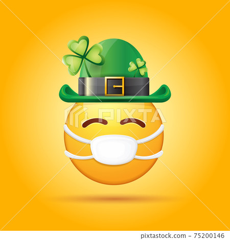 Vector Emoji sticker with mouth medical protection mask and saint Patricks green hat isolated on orange background. Yellow st. Patricks smile face character with hat and white surgeon mask. 75200146