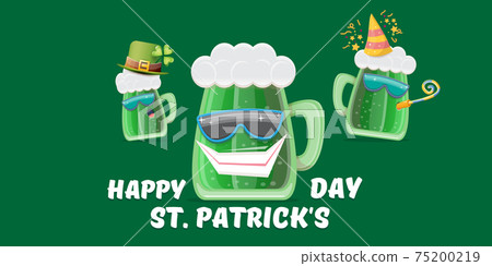 Happy st. Patricks day horizontal banner with cartoon funny beer glass friends characters with sunglasses isolated on green background. Patricks day cartoon comic poster with funky green beer 75200219