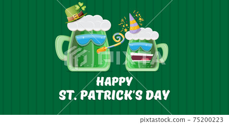 Happy st. Patricks day horizontal banner with cartoon funny beer glass friends characters with sunglasses isolated on green background. Patricks day cartoon comic poster with funky green beer 75200223