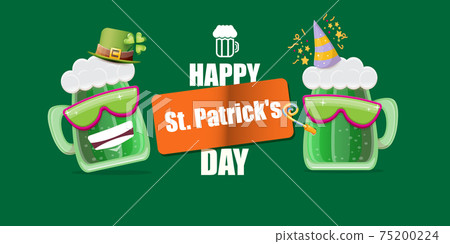 Happy st. Patricks day horizontal banner with cartoon funny beer glass friends characters with sunglasses isolated on green background. Patricks day cartoon comic poster with funky green beer 75200224