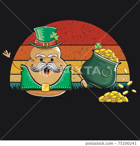 Happy Saint Patricks day poster with funky leprechaun potato character with green Patricks hat and Pot Full of Golden Coins on vintage sunset background. Rock n roll Patricks day funky character 75200241