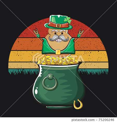 Happy Saint Patricks day poster with funky leprechaun potato character with green Patricks hat and Pot Full of Golden Coins on vintage sunset background. Rock n roll Patricks day funky character 75200246