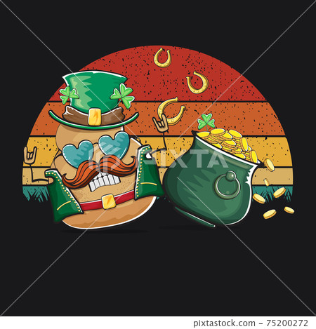 Happy Saint Patricks day poster with funky leprechaun potato character with green Patricks hat and Pot Full of Golden Coins on vintage sunset background. Rock n roll Patricks day funky character Happy Saint Patricks day poster with funky leprechaun potato character with green Patricks hat and Pot Full of Golden Coins on vintage sunset background. Rock n roll Patricks day funky character 75200272