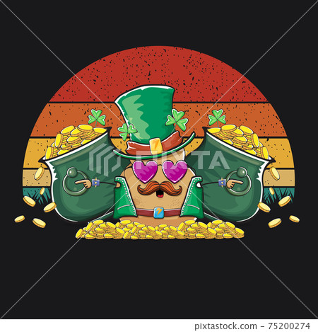 Happy Saint Patricks day poster with funky leprechaun potato character with green Patricks hat and Pot Full of Golden Coins on vintage sunset background. Rock n roll Patricks day funky character Happy Saint Patricks day poster with funky leprechaun potato character with green Patricks hat and Pot Full of Golden Coins on vintage sunset background. Rock n roll Patricks day funky character 75200274