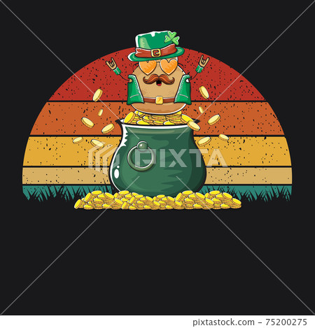 Happy Saint Patricks day poster with funky leprechaun potato character with green Patricks hat and Pot Full of Golden Coins on vintage sunset background. Rock n roll Patricks day funky character Happy Saint Patricks day poster with funky leprechaun potato character with green Patricks hat and Pot Full of Golden Coins on vintage sunset background. Rock n roll Patricks day funky character 75200275