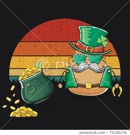 Happy Saint Patricks day poster with funky leprechaun potato character with green Patricks hat and Pot Full of Golden Coins on vintage sunset background. Rock n roll Patricks day funky character 75200276