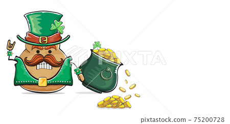 Happy Saint Patricks day horizontal banner with funky leprechaun potato character with green particks hat and Pot Full of Golden Coins isolated on white background. patricks day funky character 75200728