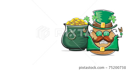 Happy Saint Patricks day horizontal banner with funky leprechaun potato character with green particks hat and Pot Full of Golden Coins isolated on white background. patricks day funky character 75200738