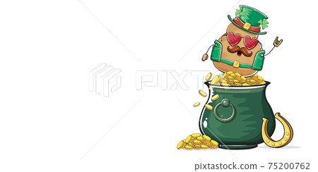 Happy Saint Patricks day horizontal banner with funky leprechaun potato character with green particks hat and Pot Full of Golden Coins isolated on white background. patricks day funky character 75200762