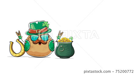 Happy Saint Patricks day horizontal banner with funky leprechaun potato character with green particks hat and Pot Full of Golden Coins isolated on white background. patricks day funky character Happy Saint Patricks day horizontal banner with funky leprechaun potato character with green particks hat and Pot Full of Golden Coins isolated on white background. patricks day funky character 75200772