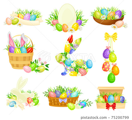 Decorated Easter Eggs or Paschal Eggs Rested in Basket and Grass Nest Vector Arrangement Set Decorated Easter Eggs or Paschal Eggs Rested in Basket and Grass Nest Vector Arrangement Set 75200799
