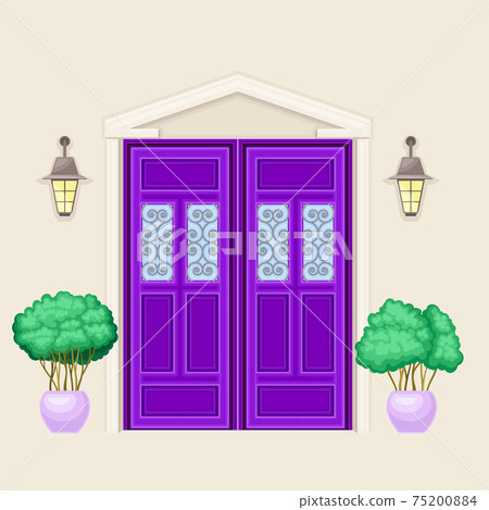 Facade of Front Double Door with Window Ornate Decorated with Cachepot and Light Vector Illustration Facade of Front Double Door with Window Ornate Decorated with Cachepot and Light Vector Illustration 75200884