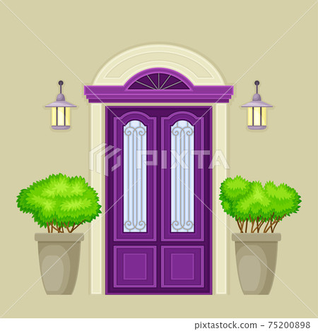 Facade of Purple Front Double Door with Decorative Bushes in Cachepot and Light Vector Illustration 75200898