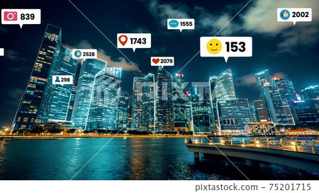 Social media icons fly over city downtown showing people engagement connection 75201715