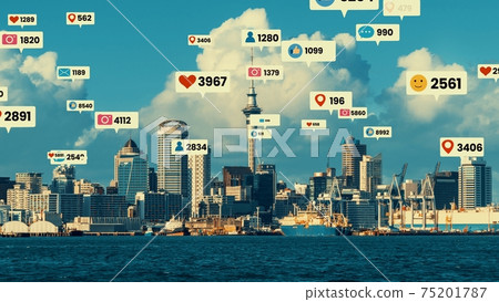 Social media icons fly over city downtown showing people engagement connection 75201787