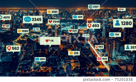 Social media icons fly over city downtown showing people engagement connection 75201838