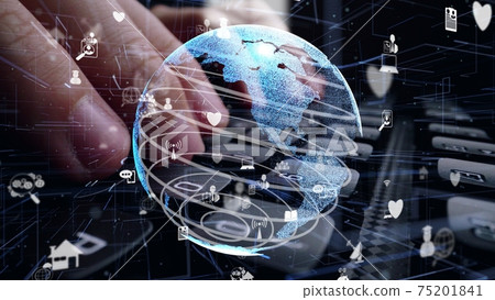 Man working on computer keyboard with graphic of internet networ Man working on computer keyboard with graphic of internet networ 75201841
