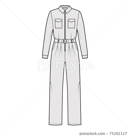 Siren suit overall jumpsuit technical fashion illustration with full length, belt, zipper closure, normal waist, pockets Siren suit overall jumpsuit technical fashion illustration with full length, belt, zipper closure, normal waist, pockets 75202127